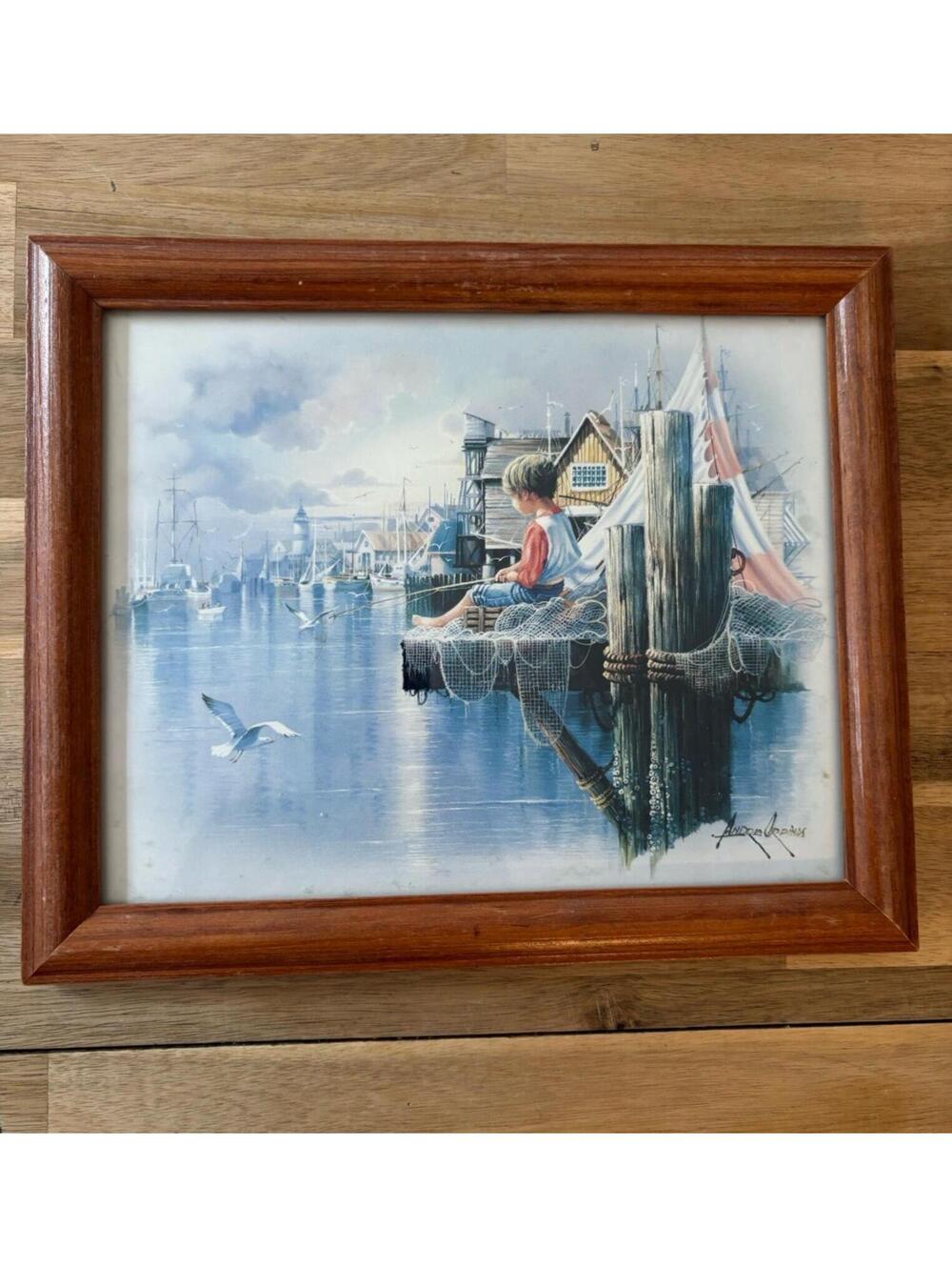 Andres Orpinas Fishing Dock Boy Fishing Harbor Boat Framed Art Print 11” x 9”